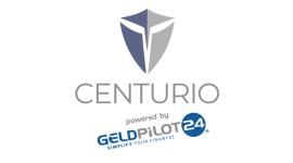 Logo Kreis grau blau weißer Hintergrund Centurio powered by Geldpilot24